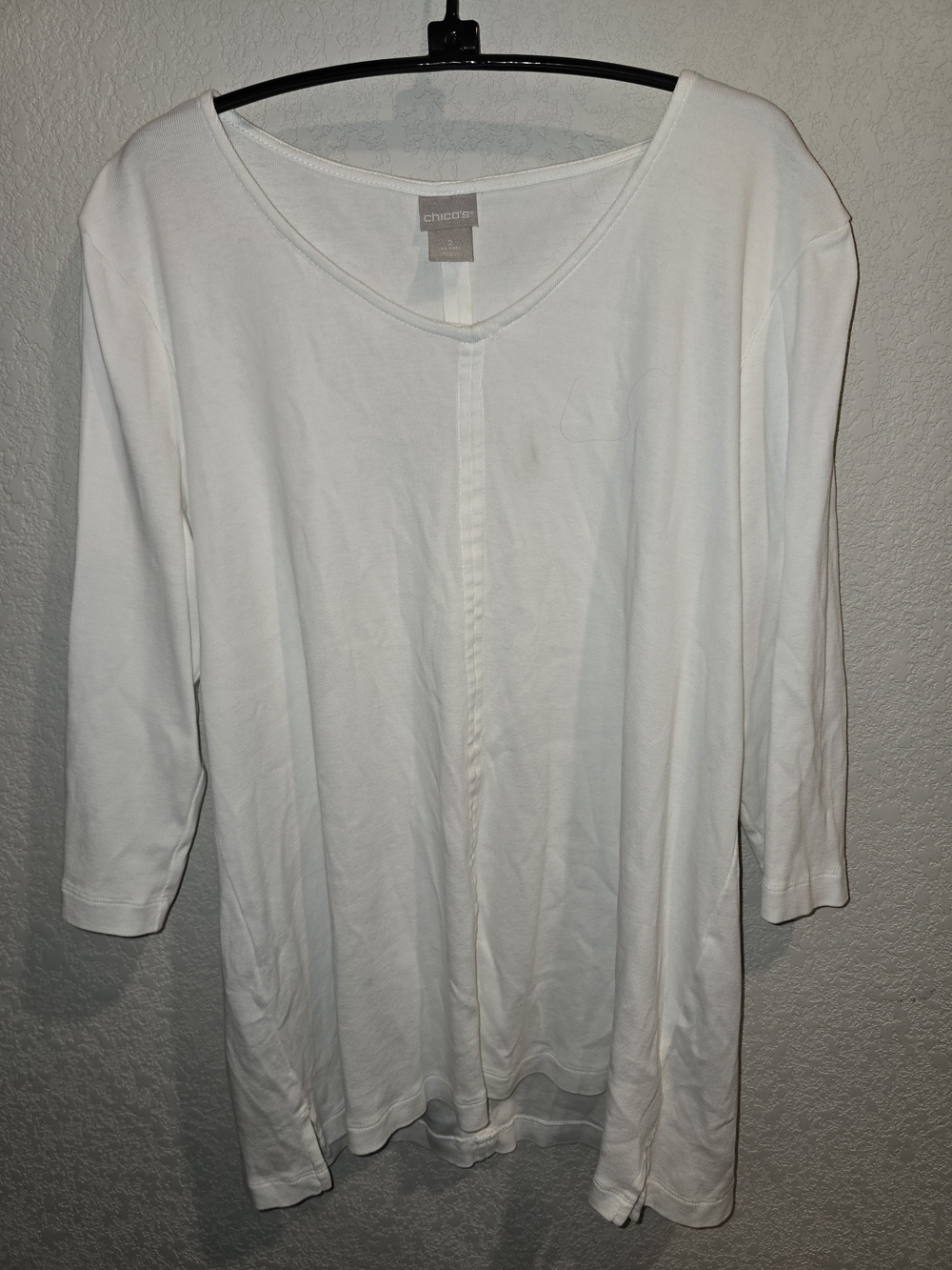 Chico's White 100% Pima Cotton V-Neck 3/4 Sleeve Tunic Top - Size 2 (US 12/Large
